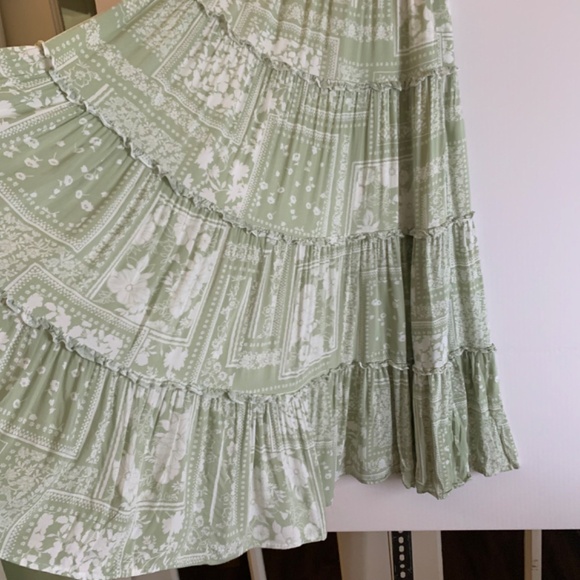 Boho/western, sage green & white floral bandana-like ruffled tiered maxi skirt - Picture 3 of 12